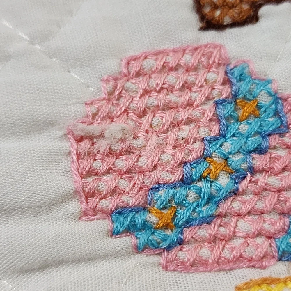 Vintage Handmade Quilted Baby Bib Cross Stitch Bunny Rabbit Rattle White Tie On